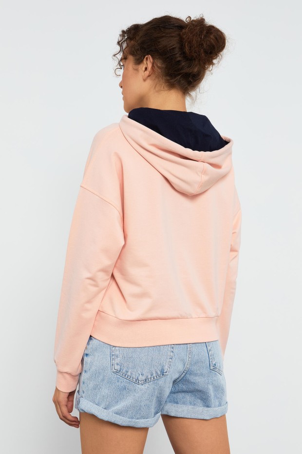 Pembe Uzun Kol Rahat Form Kapüşonlu Kadın Sweatshirt - 97115 - 7