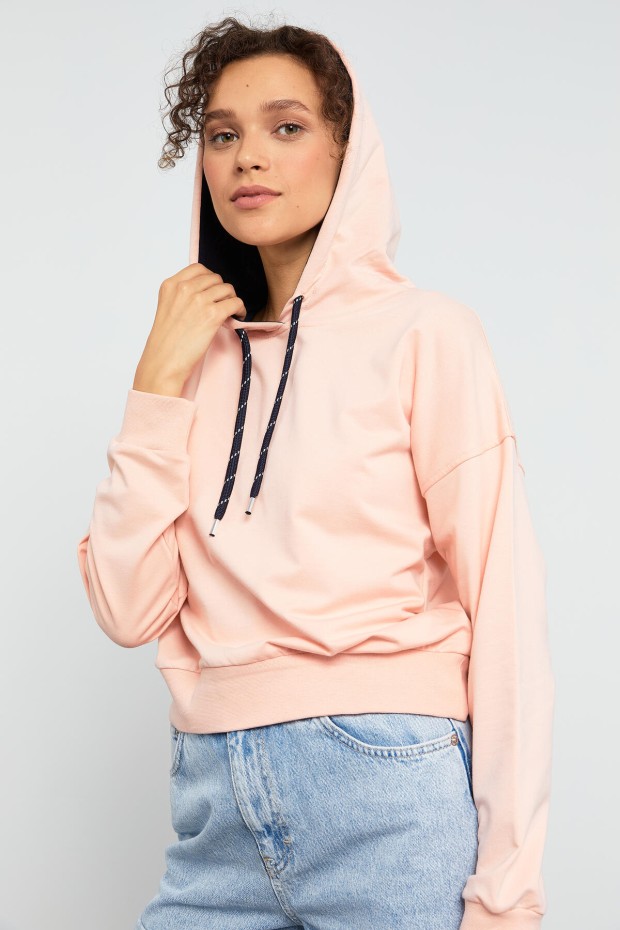 Pembe Uzun Kol Rahat Form Kapüşonlu Kadın Sweatshirt - 97115 - 8