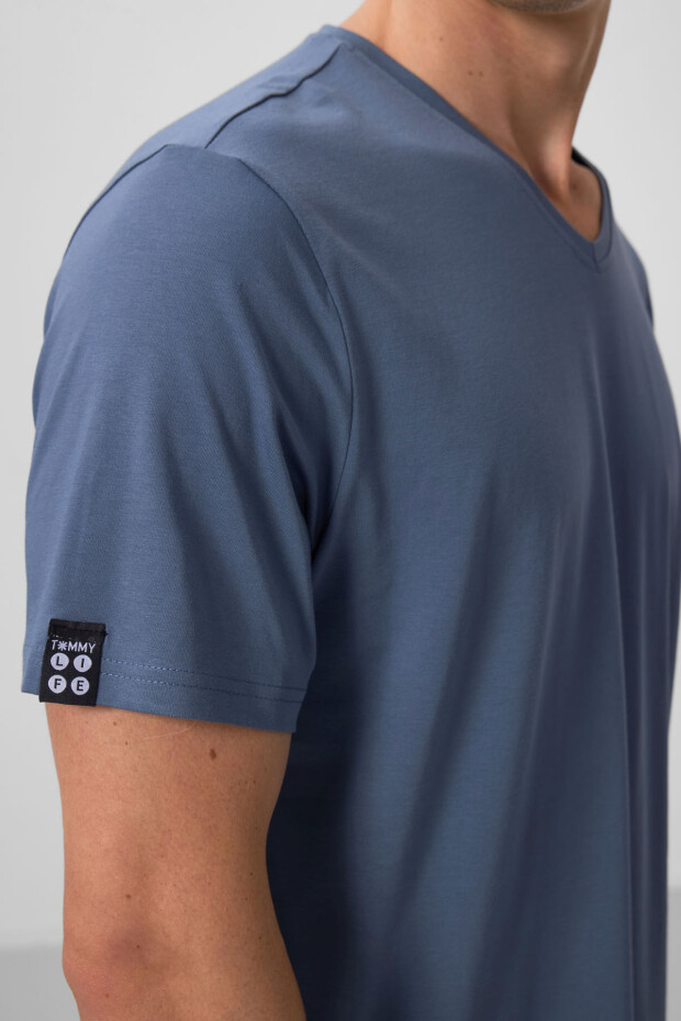 Petrol Basic Kısa Kol Standart Kalıp V Yaka Erkek T-Shirt - 87912 - 3