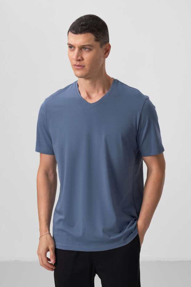 Petrol Basic Kısa Kol Standart Kalıp V Yaka Erkek T-Shirt - 87912 - 4