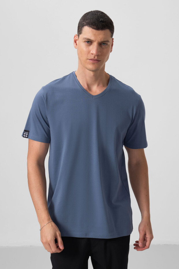 Petrol Basic Kısa Kol Standart Kalıp V Yaka Erkek T-Shirt - 87912 - 1