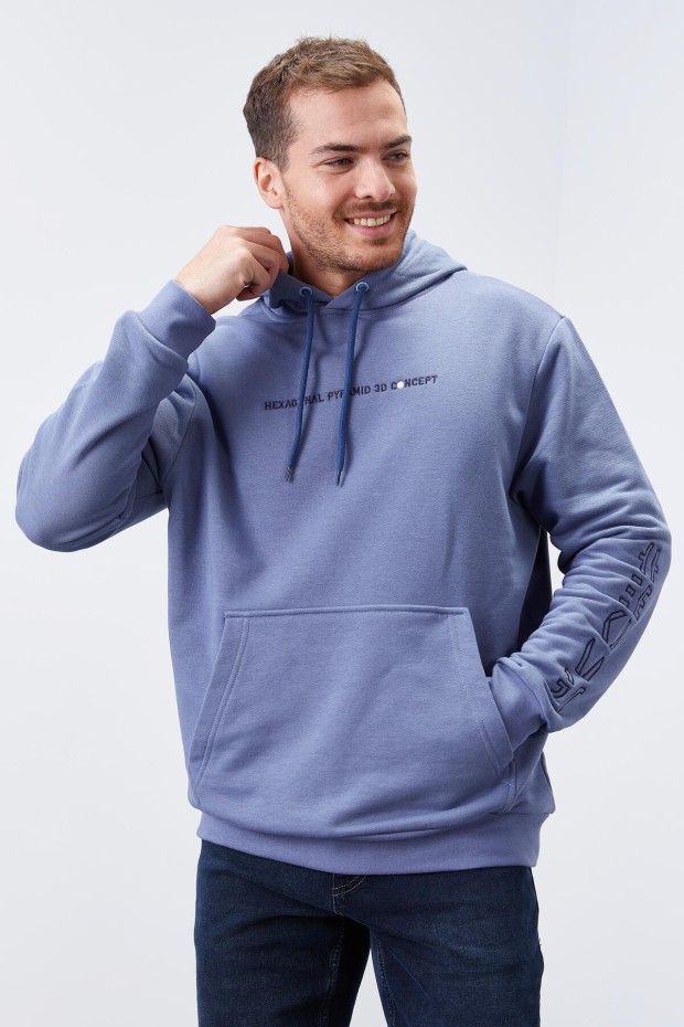 Tommy Life Petrol Kol Baskılı Kapüşonlu Rahat Form Erkek Sweatshirt - 88038. 1