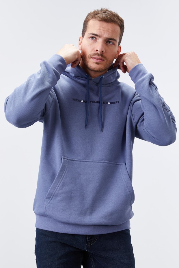 Tommy Life Petrol Kol Baskılı Kapüşonlu Rahat Form Erkek Sweatshirt - 88038. 3