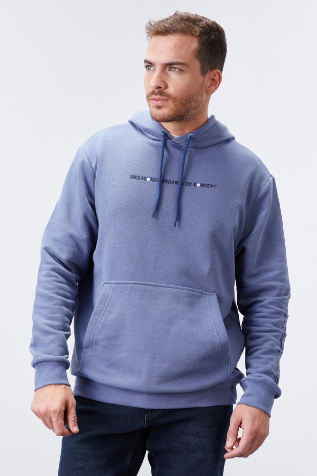 Tommy Life Petrol Kol Baskılı Kapüşonlu Rahat Form Erkek Sweatshirt - 88038. 5