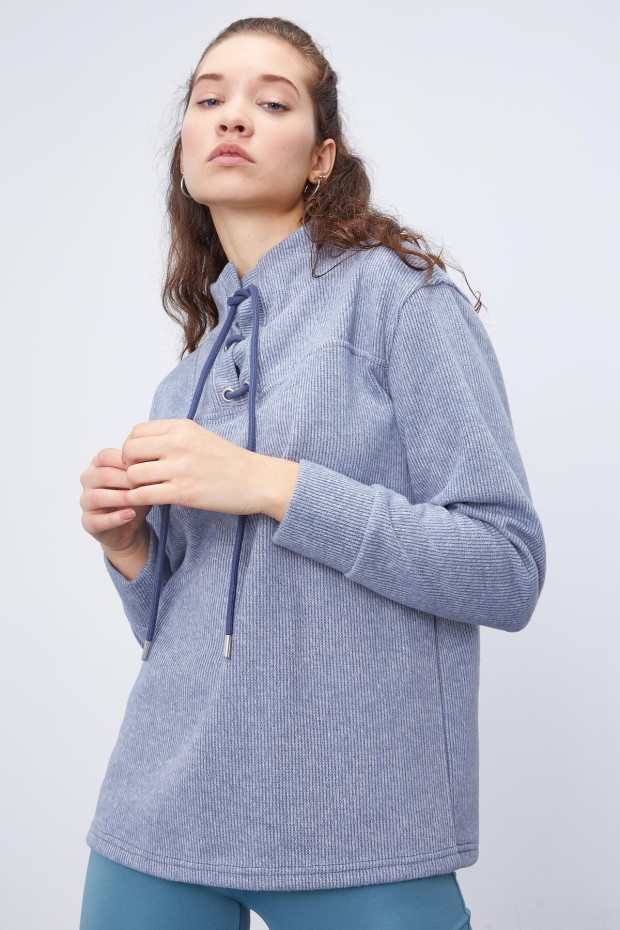 Tommy Life Petrol Bağcıklı Dik Yaka Selanik Triko Kadın Oversize Sweatshirt - 97198. 1 Tommy Life Petrol Bağcıklı Dik Yaka Selanik Triko Kadın Oversize Sweatshirt - 97198. 1