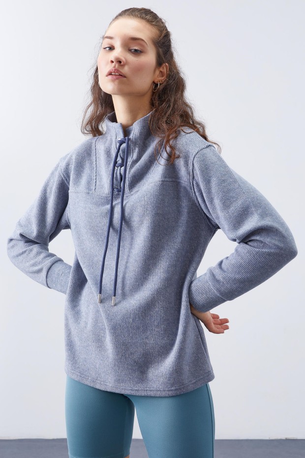 Tommy Life Petrol Bağcıklı Dik Yaka Selanik Triko Kadın Oversize Sweatshirt - 97198. 3 Tommy Life Petrol Bağcıklı Dik Yaka Selanik Triko Kadın Oversize Sweatshirt - 97198. 3