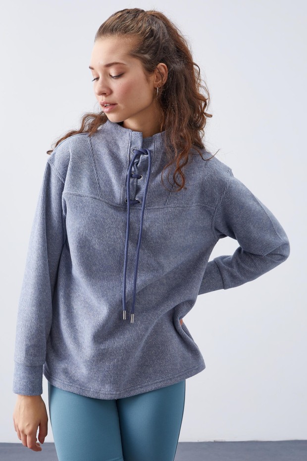 Tommy Life Petrol Bağcıklı Dik Yaka Selanik Triko Kadın Oversize Sweatshirt - 97198. 7 Tommy Life Petrol Bağcıklı Dik Yaka Selanik Triko Kadın Oversize Sweatshirt - 97198. 7