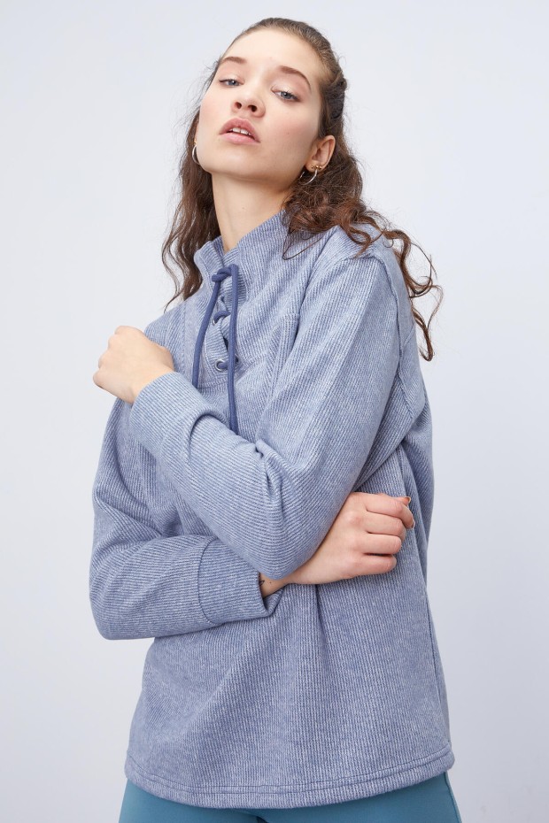 Tommy Life Petrol Bağcıklı Dik Yaka Selanik Triko Kadın Oversize Sweatshirt - 97198. 6 Tommy Life Petrol Bağcıklı Dik Yaka Selanik Triko Kadın Oversize Sweatshirt - 97198. 6