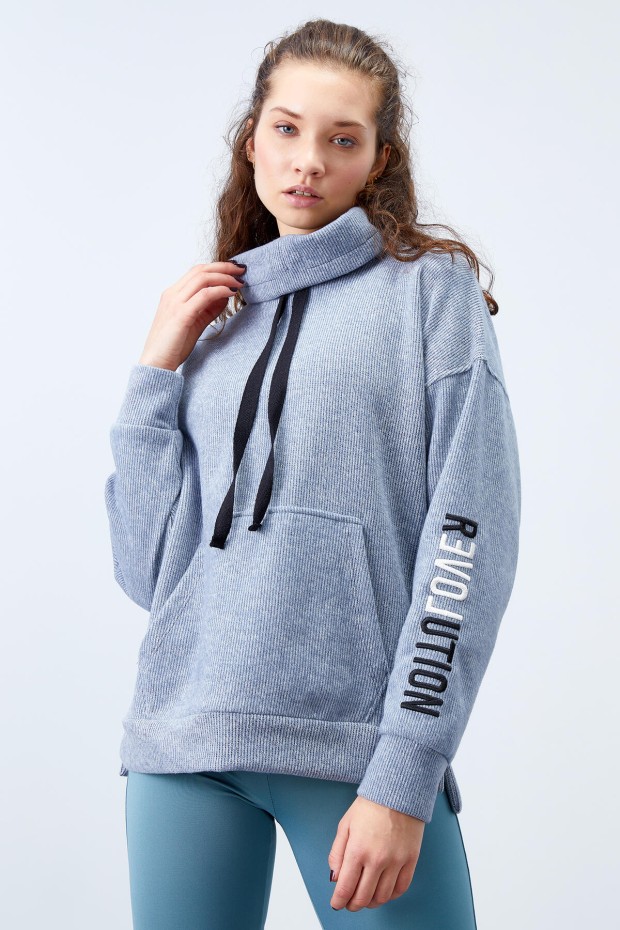 Tommy Life Petrol Büzgülü Bağcıklı Yaka Nakışlı Selanik Triko Kadın Oversize Sweatshirt - 97197. 1