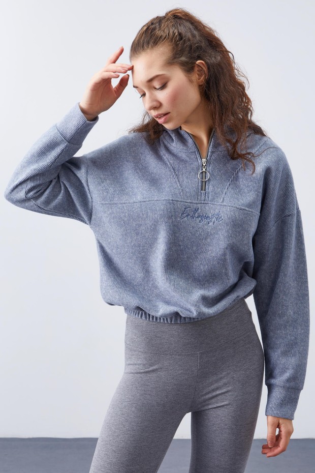 Tommy Life Petrol Kapüşonlu Yarım Fermuar Selanik Kadın Oversize Triko Crop Top Sweathirt - 97193. 7 Tommy Life Petrol Kapüşonlu Yarım Fermuar Selanik Kadın Oversize Triko Crop Top Sweathirt - 97193. 7