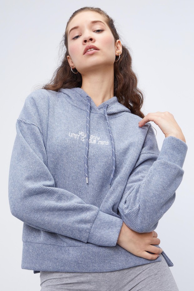 Tommy Life Petrol Kapüşonlu Yazı Nakışlı Selanik Kadın Oversize Sweatshirt - 97192. 2