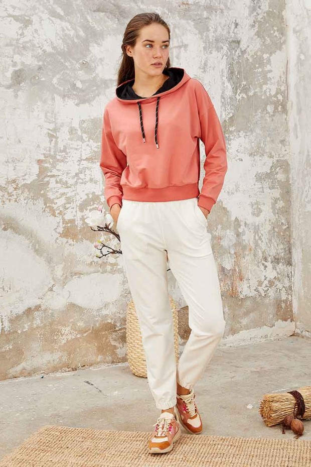 Pudra Uzun Kol Rahat Form Kapüşonlu Kadın Sweatshirt - 97115 - 2