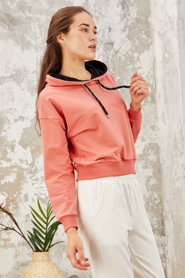 Pudra Uzun Kol Rahat Form Kapüşonlu Kadın Sweatshirt - 97115 - 3