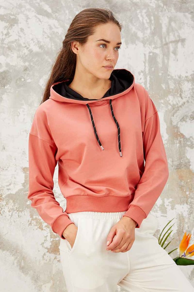 Pudra Uzun Kol Rahat Form Kapüşonlu Kadın Sweatshirt - 97115 - 4
