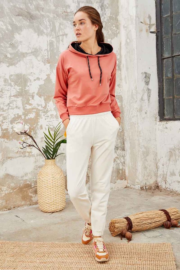 Pudra Uzun Kol Rahat Form Kapüşonlu Kadın Sweatshirt - 97115 - 5