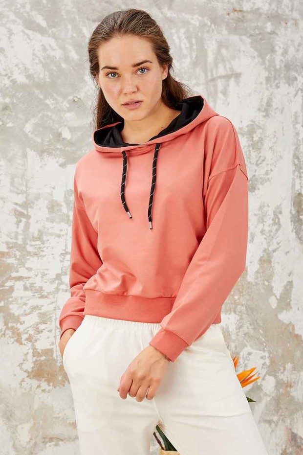 Pudra Uzun Kol Rahat Form Kapüşonlu Kadın Sweatshirt - 97115 - 6