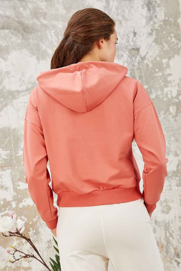 Pudra Uzun Kol Rahat Form Kapüşonlu Kadın Sweatshirt - 97115 - 7