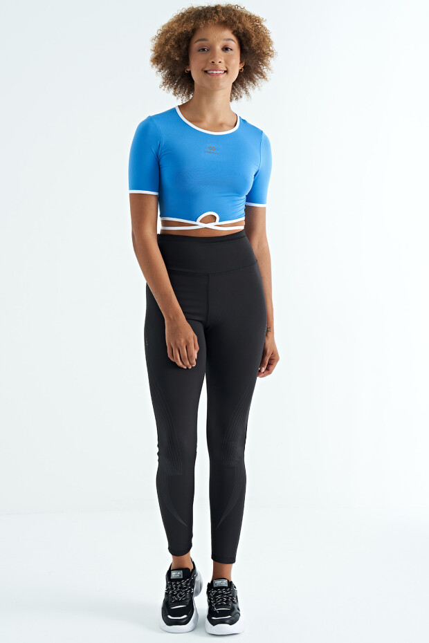 Saks Bel Bağlama Detaylı O Yaka Standart Kalıp Dalgıç Kumaş Kadın Crop T-Shirt - 97266 - 1