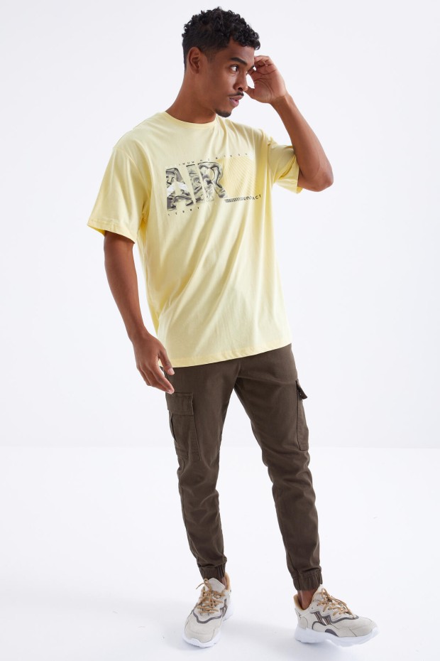Tommy Life Sarı Air Baskılı O Yaka Erkek Oversize T-Shirt - 88097. 8