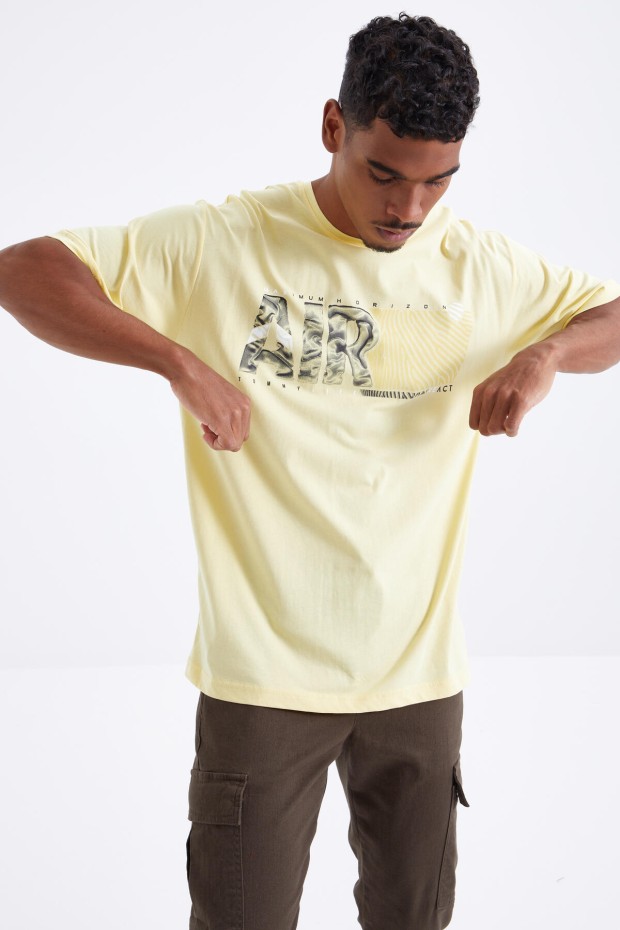 Tommy Life Sarı Air Baskılı O Yaka Erkek Oversize T-Shirt - 88097. 7