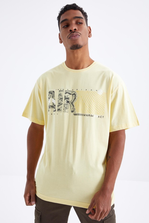 Tommy Life Sarı Air Baskılı O Yaka Erkek Oversize T-Shirt - 88097. 6