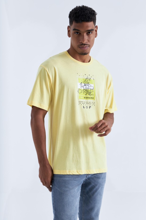 Tommy Life Sarı Baskı Detaylı O Yaka Erkek Oversize T-Shirt - 88094. 1