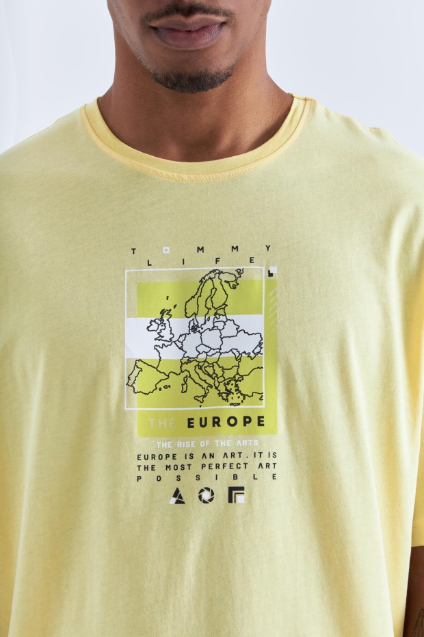 Tommy Life Sarı Baskı Detaylı O Yaka Erkek Oversize T-Shirt - 88094. 5