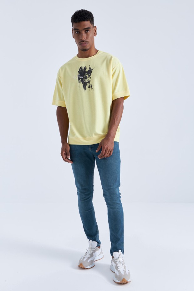 Tommy Life Sarı Baskılı Yazı Nakışlı O Yaka Erkek Oversize T-Shirt - 88105. 2