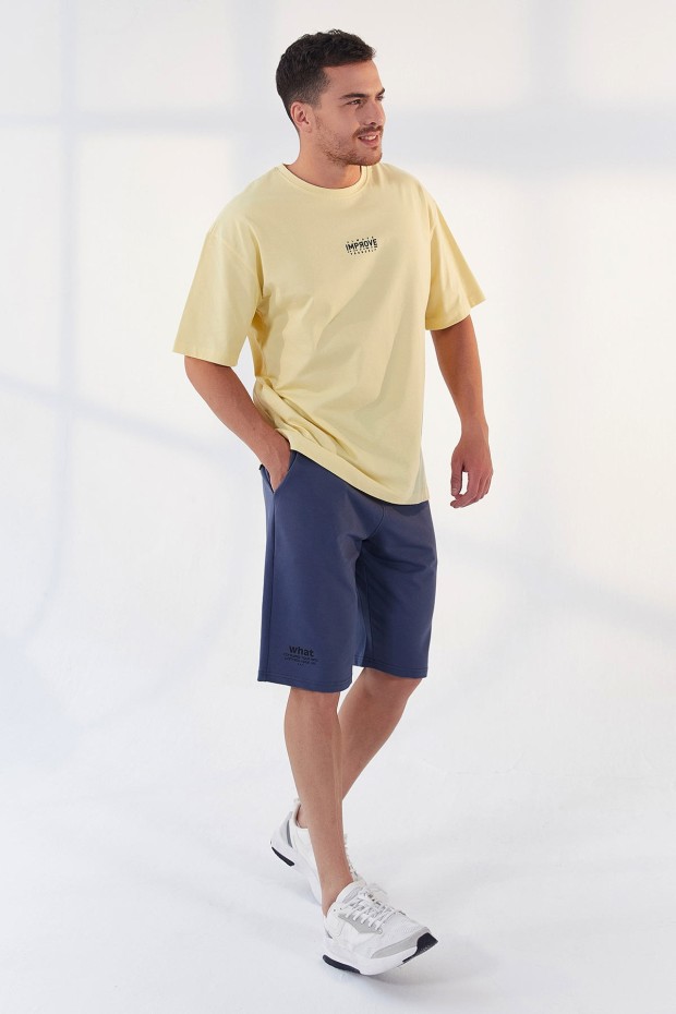 Tommy Life Sarı Küçük Yazı Baskılı O Yaka Erkek Oversize T-Shirt - 87985. 2