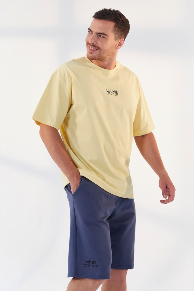 Tommy Life Sarı Küçük Yazı Baskılı O Yaka Erkek Oversize T-Shirt - 87985. 4