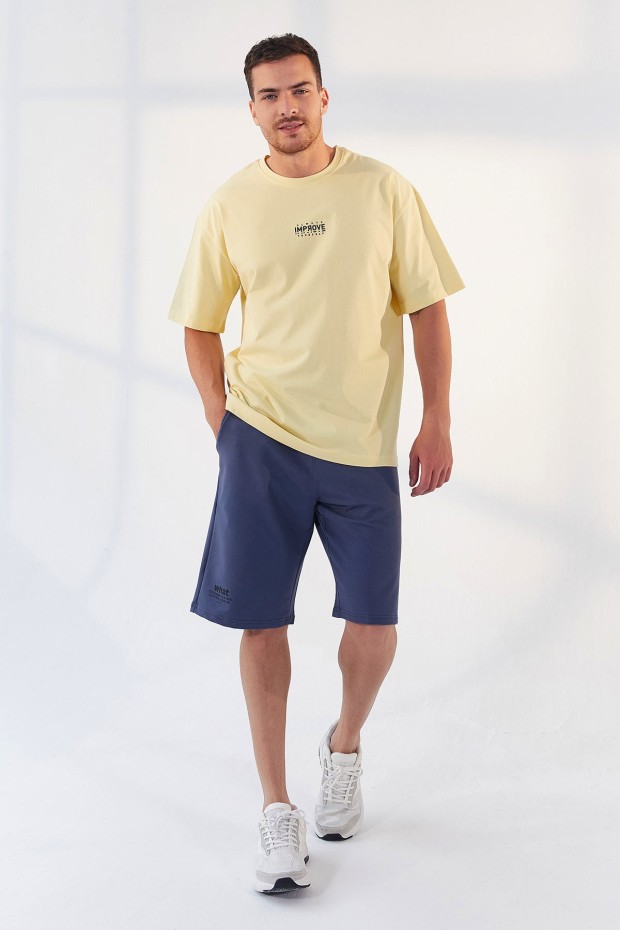 Tommy Life Sarı Küçük Yazı Baskılı O Yaka Erkek Oversize T-Shirt - 87985. 5