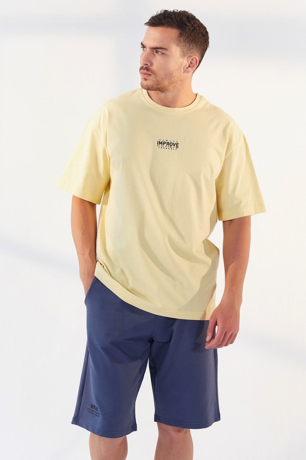 Tommy Life Sarı Küçük Yazı Baskılı O Yaka Erkek Oversize T-Shirt - 87985. 6