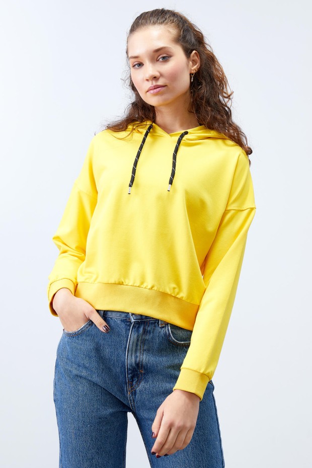 Sarı Uzun Kol Rahat Form Kapüşonlu Kadın Sweatshirt - 97115 - 1