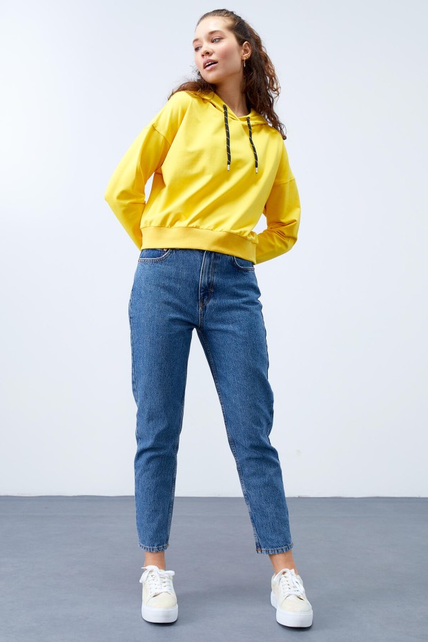 Sarı Uzun Kol Rahat Form Kapüşonlu Kadın Sweatshirt - 97115 - 2