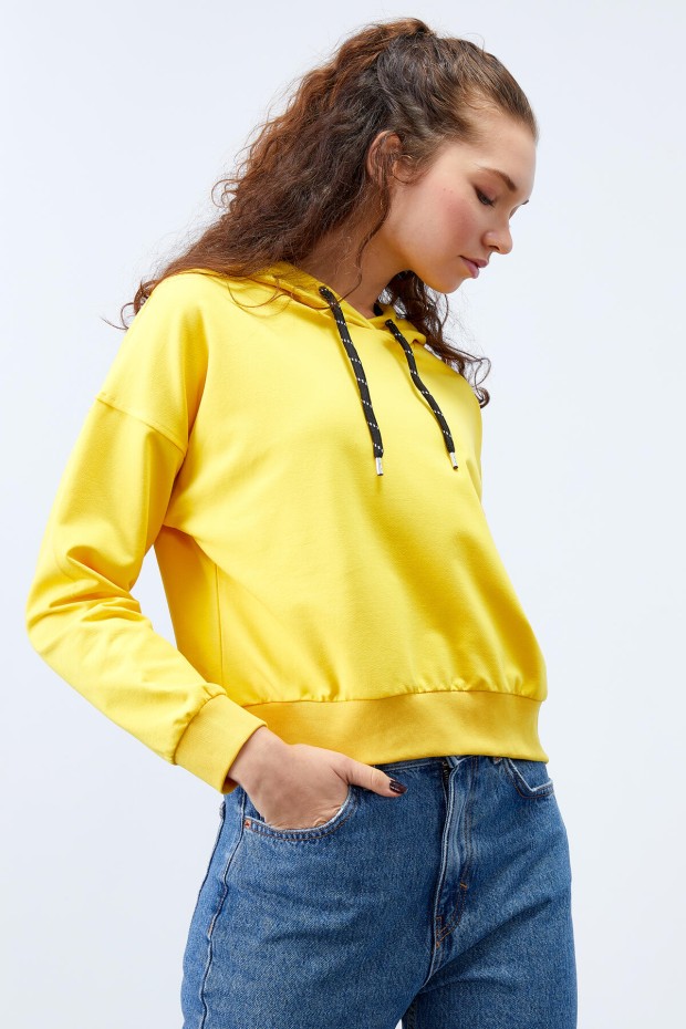 Sarı Uzun Kol Rahat Form Kapüşonlu Kadın Sweatshirt - 97115 - 3
