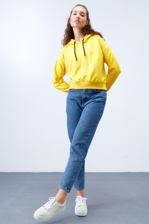 Sarı Uzun Kol Rahat Form Kapüşonlu Kadın Sweatshirt - 97115 - 4