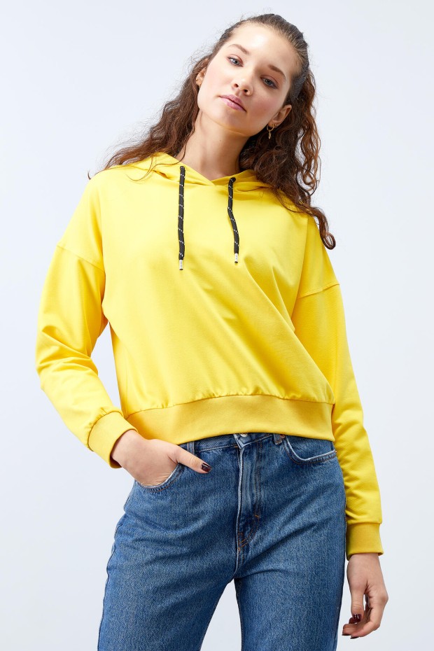 Sarı Uzun Kol Rahat Form Kapüşonlu Kadın Sweatshirt - 97115 - 5