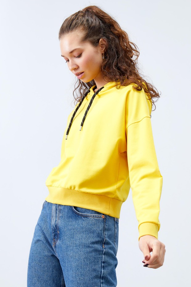 Sarı Uzun Kol Rahat Form Kapüşonlu Kadın Sweatshirt - 97115 - 6