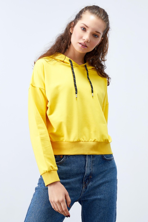 Sarı Uzun Kol Rahat Form Kapüşonlu Kadın Sweatshirt - 97115 - 8