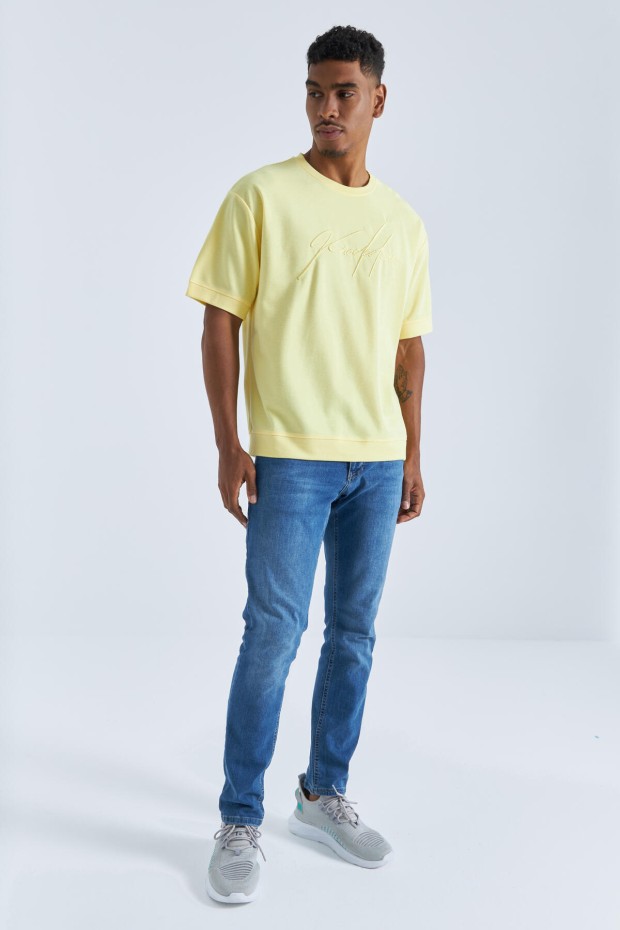 Tommy Life Sarı Yazı Nakışlı O Yaka Erkek Oversize T-Shirt - 88102. 8