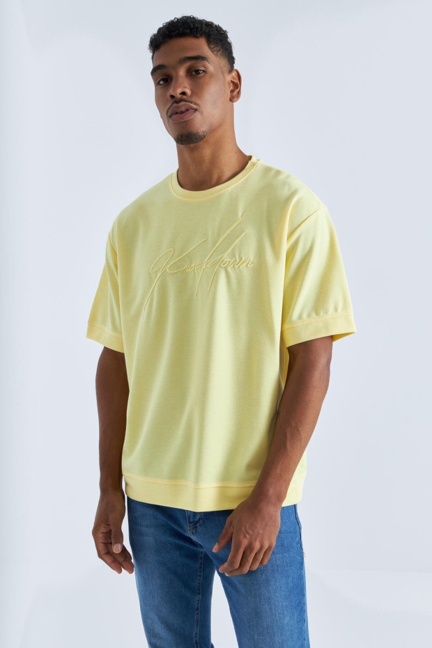 Tommy Life Sarı Yazı Nakışlı O Yaka Erkek Oversize T-Shirt - 88102. 7