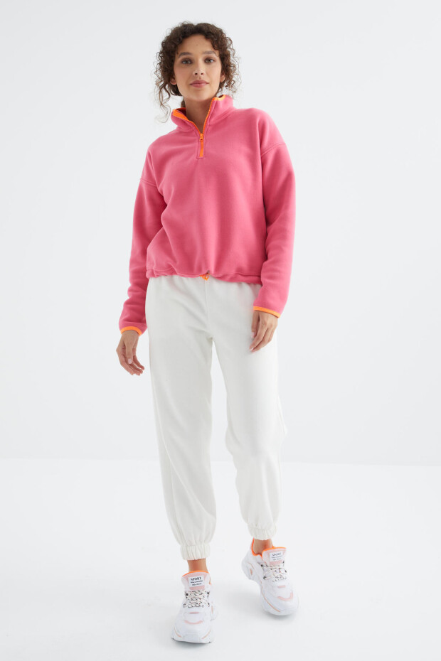 Şeker Pembe Yarım Fermuar Etek Ucu Büzgülü Dik Yaka Oversize Kadın Polar Sweatshirt - 97234 - 4