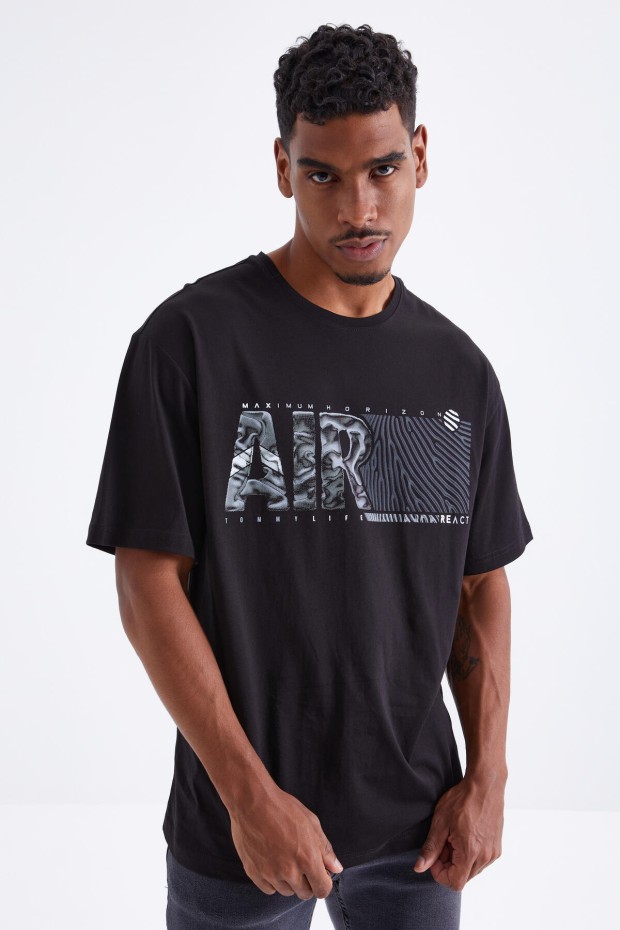 Tommy Life Siyah Air Baskılı O Yaka Erkek Oversize T-Shirt - 88097. 3 Tommy Life Siyah Air Baskılı O Yaka Erkek Oversize T-Shirt - 88097. 3