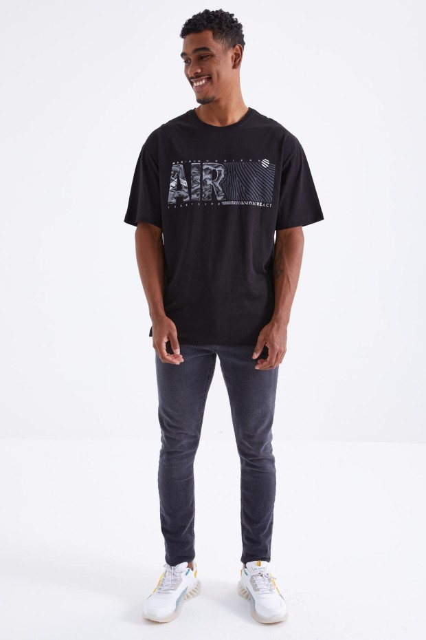 Tommy Life Siyah Air Baskılı O Yaka Erkek Oversize T-Shirt - 88097. 2