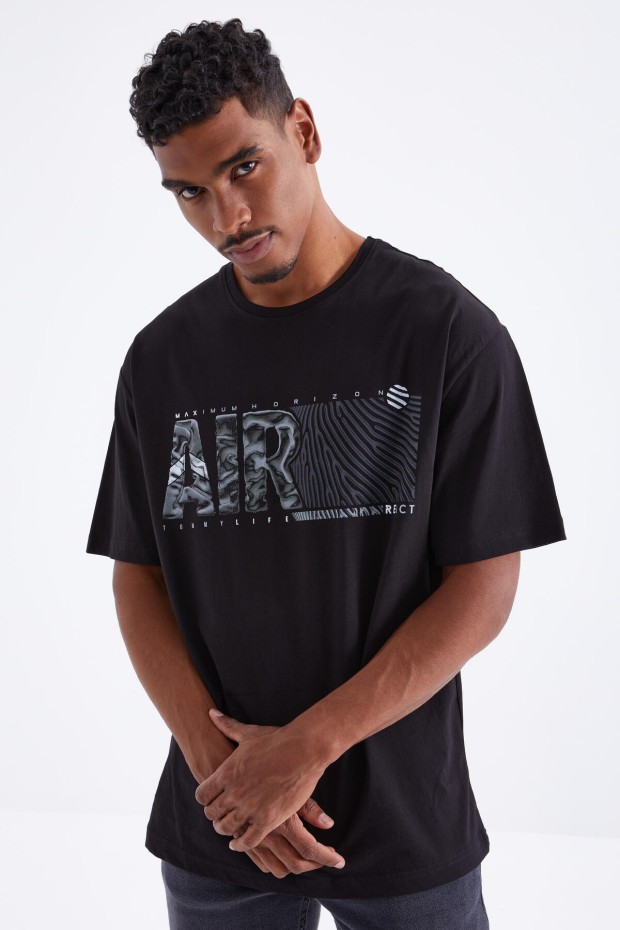 Tommy Life Siyah Air Baskılı O Yaka Erkek Oversize T-Shirt - 88097. 1 Tommy Life Siyah Air Baskılı O Yaka Erkek Oversize T-Shirt - 88097. 1