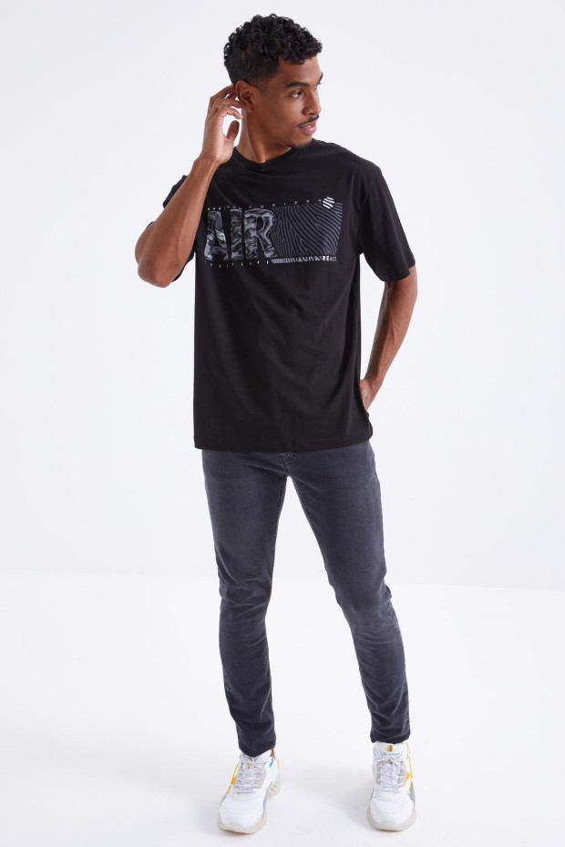 Tommy Life Siyah Air Baskılı O Yaka Erkek Oversize T-Shirt - 88097. 7 Tommy Life Siyah Air Baskılı O Yaka Erkek Oversize T-Shirt - 88097. 7