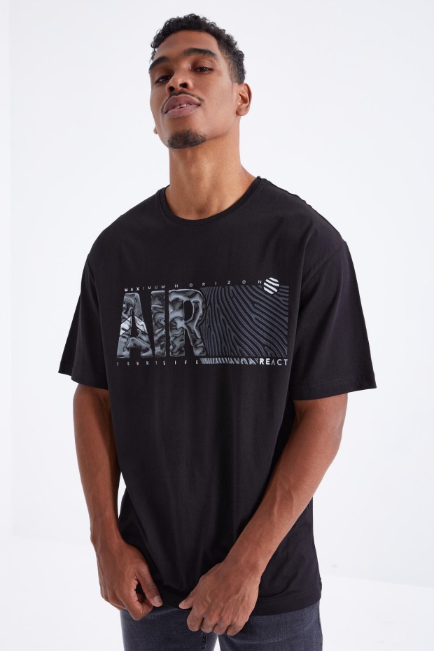 Tommy Life Siyah Air Baskılı O Yaka Erkek Oversize T-Shirt - 88097. 5 Tommy Life Siyah Air Baskılı O Yaka Erkek Oversize T-Shirt - 88097. 5