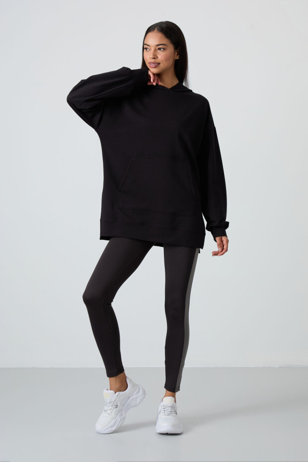 Siyah Balon Kol Yazı Nakışlı Kadın Oversize Tunik Sweatshirt - 97163 - 2
