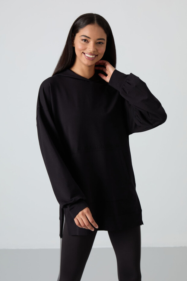 Siyah Balon Kol Yazı Nakışlı Kadın Oversize Tunik Sweatshirt - 97163 - 5