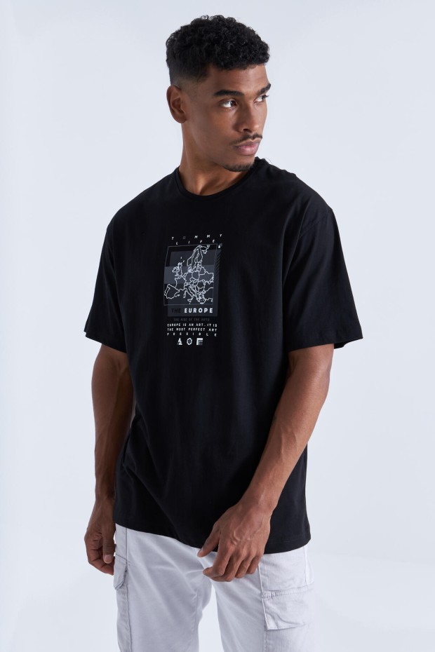 Tommy Life Siyah Baskı Detaylı O Yaka Erkek Oversize T-Shirt - 88094. 3